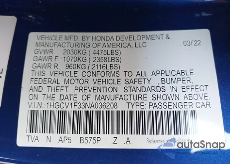 2022 Honda Accord Sport from USA, damaged, VIN 1HGCV1F33NA036208